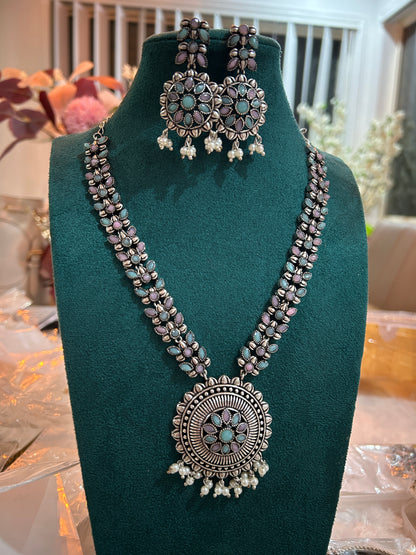 Oxidized Silver Floral Necklace with Earrings