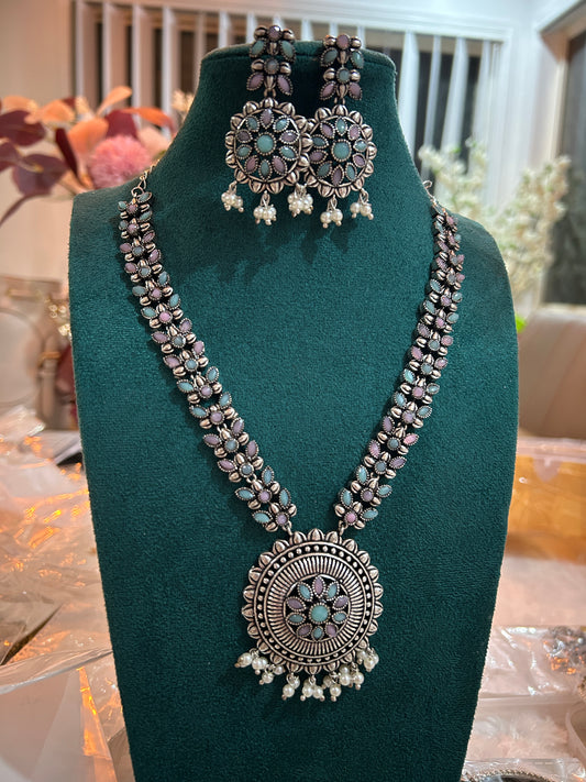 Oxidized Silver Floral Necklace with Earrings