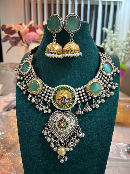 Oxidized Silver Temple Necklace with Green Stones | Auxerra