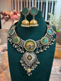 Oxidized Silver Temple Necklace with Green Stones | Auxerra| Auxerra Fashion