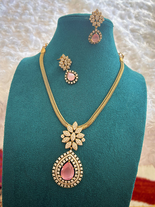 Gold Pink Stone Drop Necklace with Earrings | Auxerra