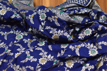Navy Blue Banarasi Silk Saree@Auxerra