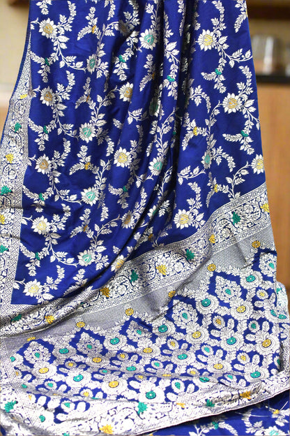 Navy Blue Banarasi Silk Saree@Auxerra