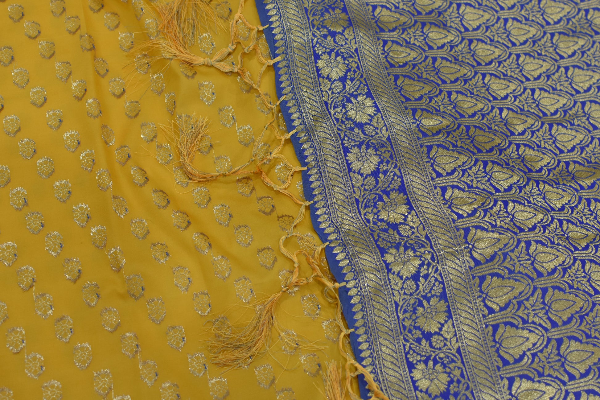 Yellow & Royal Blue Banarasi Silk Saree@Auxerra