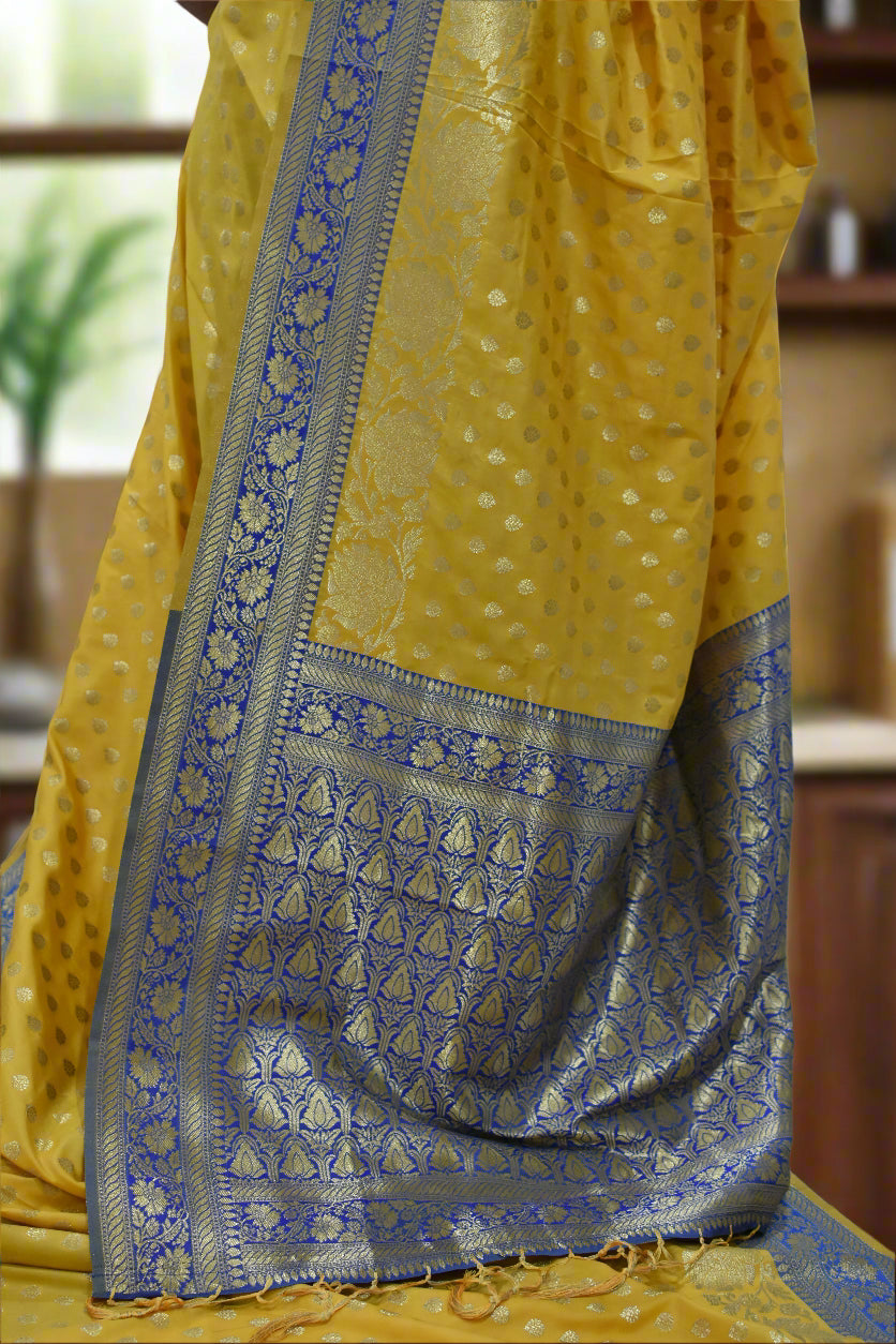 Yellow & Royal Blue Banarasi Silk Saree@Auxerra