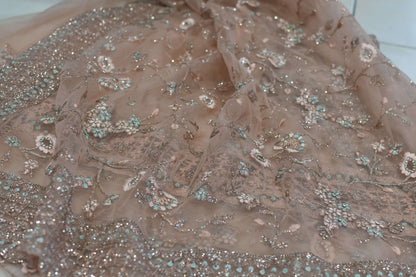 Dusty Peach Net Embroidered Saree@Auxerra