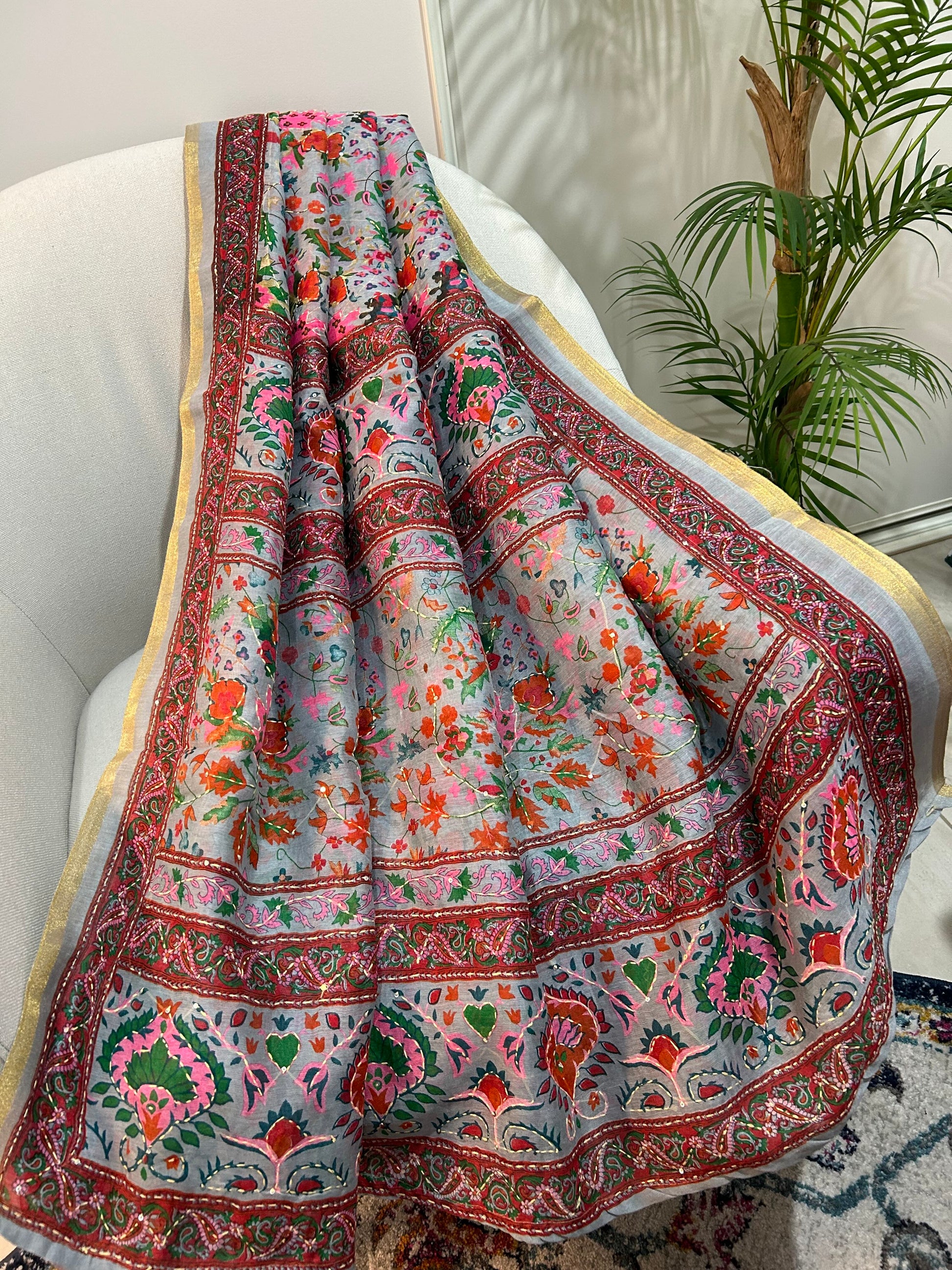 Half silk floral saree with hand embroidered