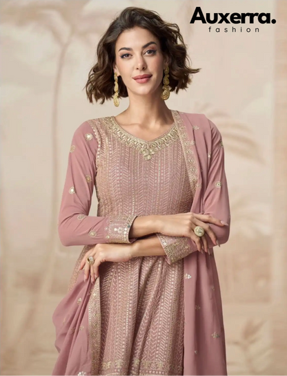 Pastel Mauve Embroidered Georgette Salwar Suit | Auxerra